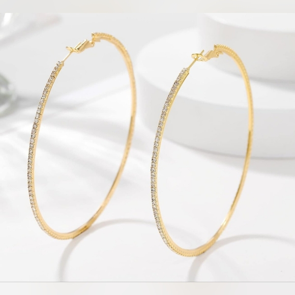 None Jewelry - 925 Sterling Silver Earrings Large Rhinestone Hoop Earrings Cubic Zirconia Gold